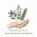 Logo Kräuterstille: Ein stilisiertes Design mit einer Hand, die eine braune Teetasse hält, aus der drei grüne Kräuterblätter wachsen. Symbolisiert natürliche Kräuterkunde, Hildegard von Bingen